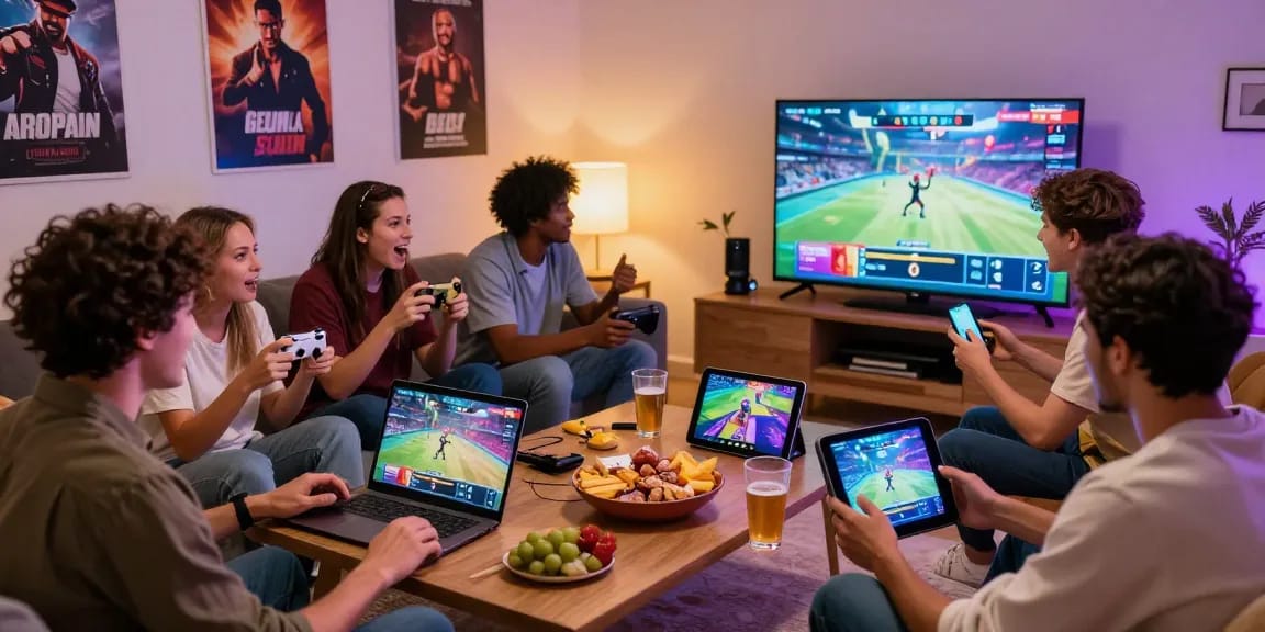 Players enjoying gay porn games together on multiple devices in a cozy setting.