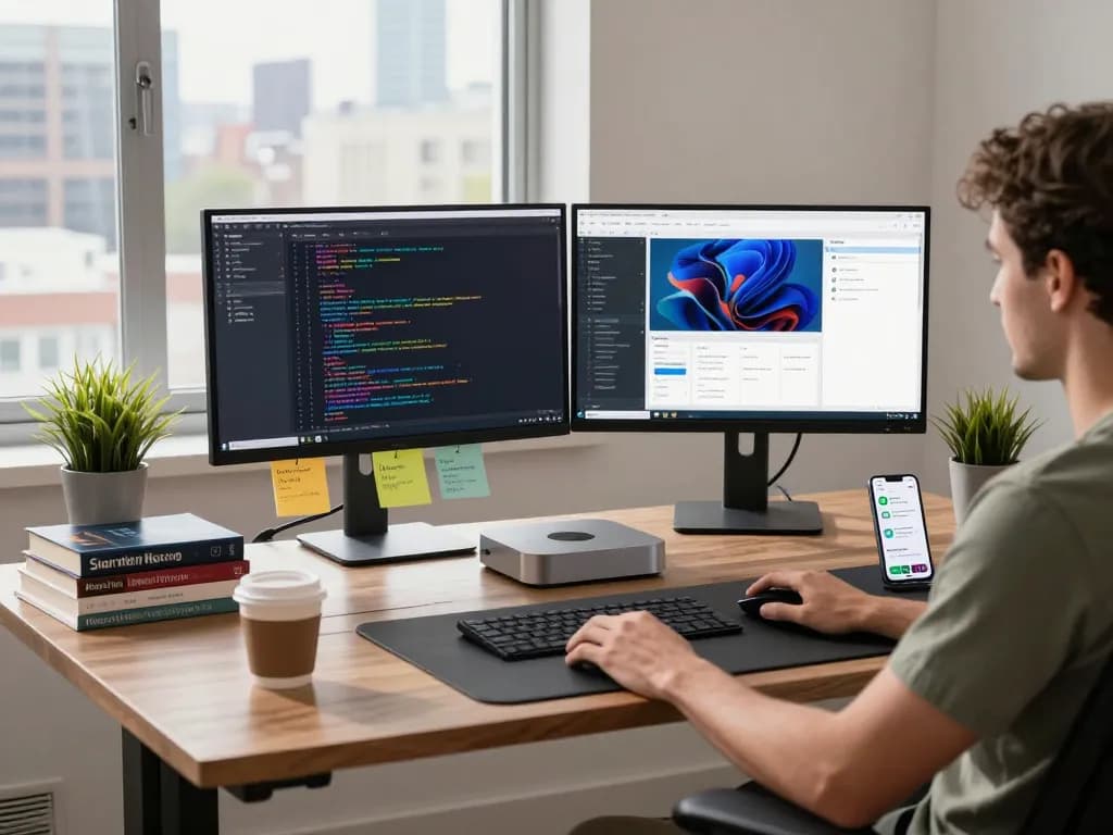 Developer's efficient workspace featuring a Mac mini and multitasking tools for coding.