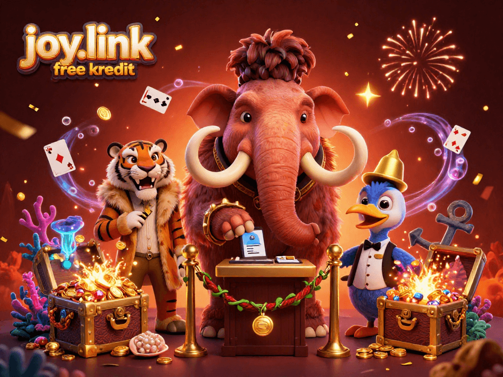 Experience the thrill of joy.link free kredit with a dynamic casino scene featuring a mammoth bouncer and treasure-filled background.