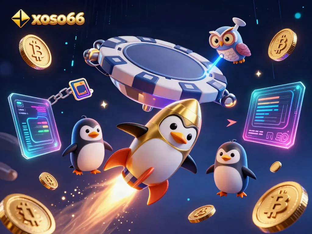 Experience xoso66 excitement with a golden penguin soaring towards a casino space station amidst vibrant game elements.