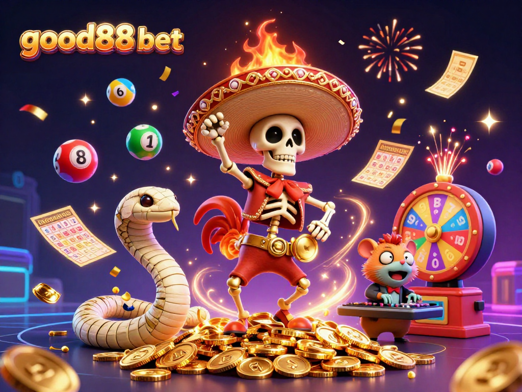 Experience the excitement of good88 bet with vibrant characters celebrating amidst golden coins, lottery balls, and dynamic casino elements.