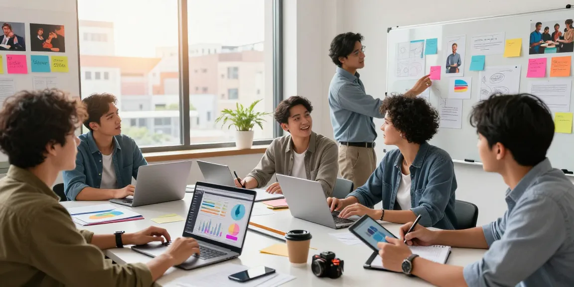 Tim kreatif berdiskusi tentang strategi GEGESLOT dengan laptop dan catatan di meja.