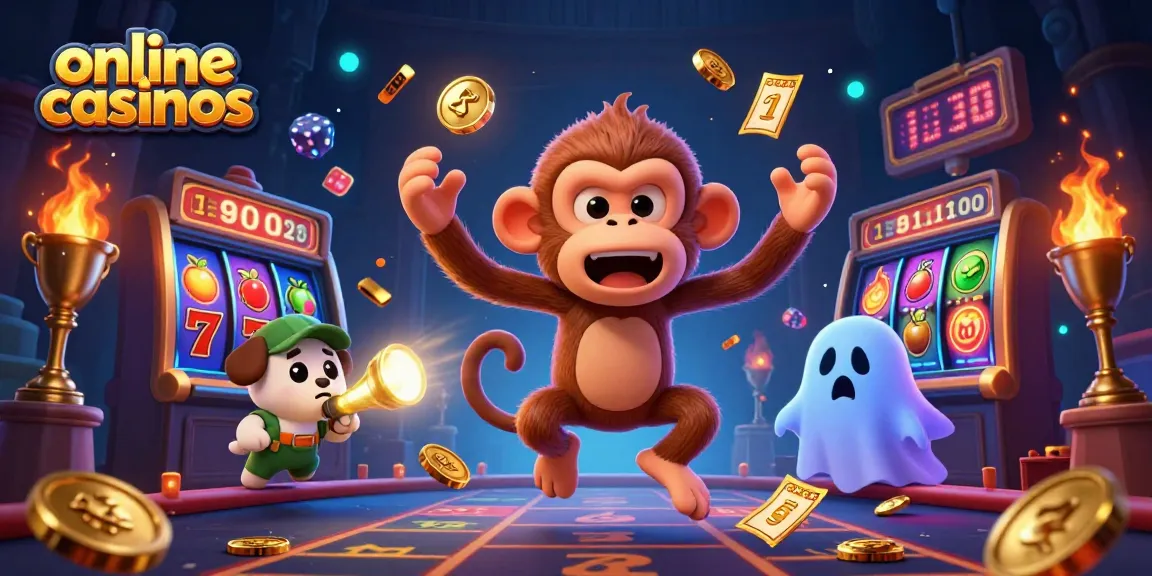 Explore exciting online casinos with a playful poltergeist monkey and ghost-hunter puppy amidst a haunted gaming scene.