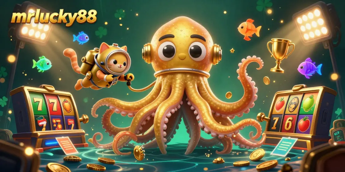 Play exciting slot games at mrlucky88 with a 3D cartoon kraken and retro diving cat in action.