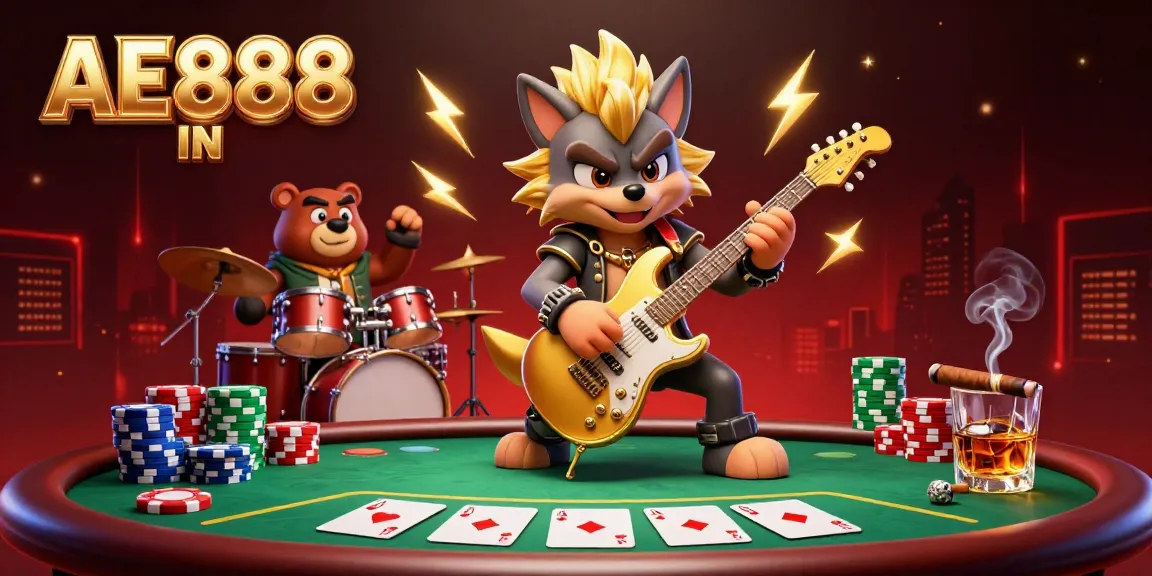 Experience AE888 IN with an electrifying casino scene showcasing a rock star wolf and drummer bear.
