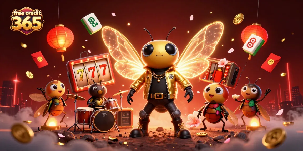 Experience the thrill of 'free credit 365' with vibrant casino visuals, featuring a rock star cicada and dynamic game elements.