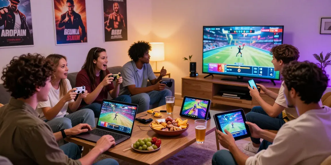 Players enjoying gay porn games together on multiple devices in a cozy setting.