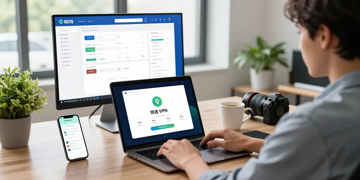 快连用户在现代办公室使用VPN应用，展示网络速度和安全性，清晰的工作环境，强调高效网络体验。