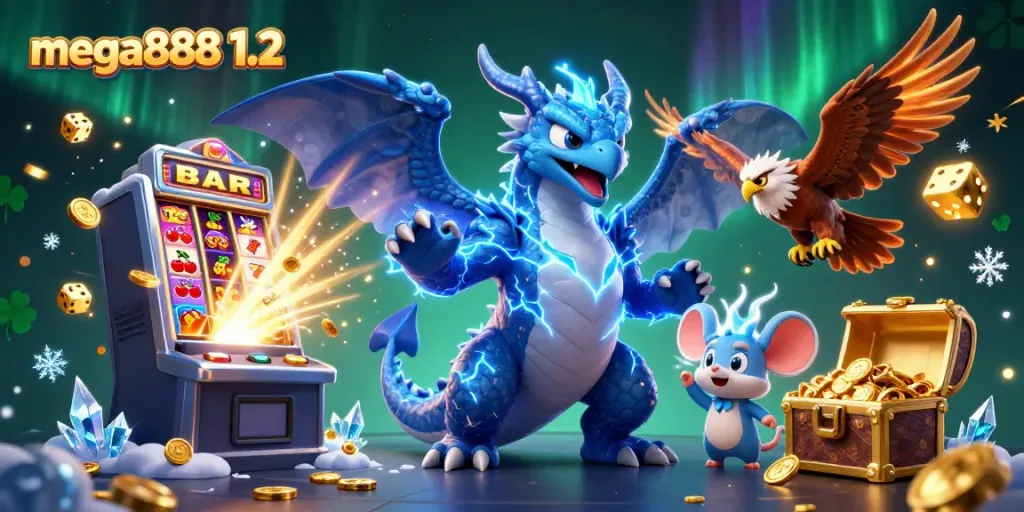 Experience mega888 1.2 with vibrant characters and thrilling casino elements in dynamic 3D illustration.