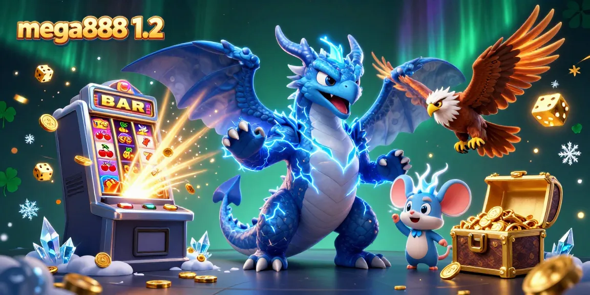 Experience mega888 1.2 with vibrant characters and thrilling casino elements in dynamic 3D illustration.