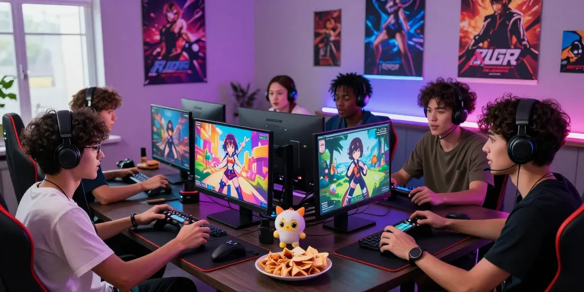 Group of friends enjoying an ecchi game in a vibrant gaming room with animated screens and snacks.