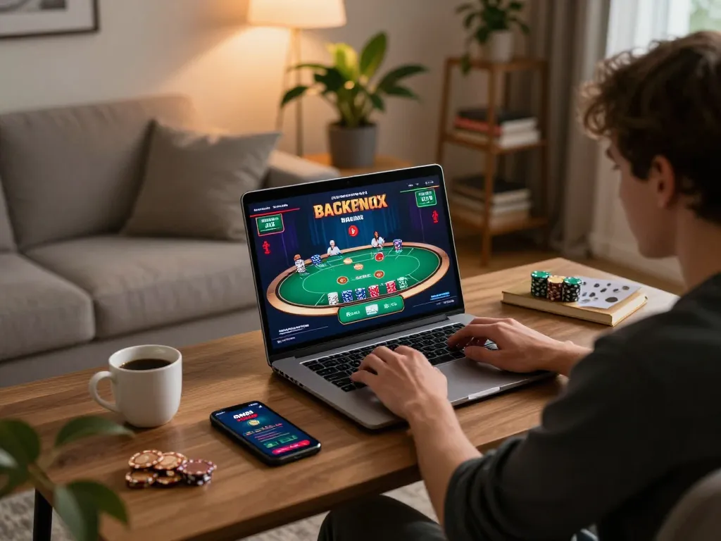 Player enjoying blackjack on CM88's online casino platform from a cozy home setup