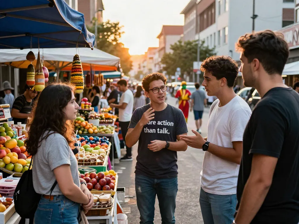 Group of friends enjoying vibrant street market, embodying 'rokok88 super' spirit of action over talk