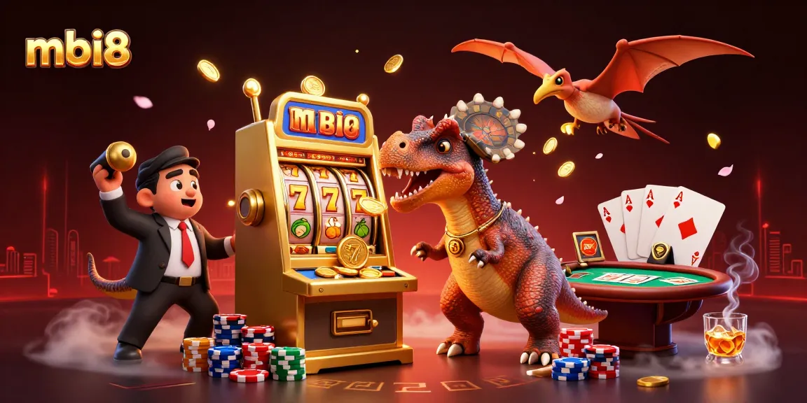 Experience thrilling jackpots at mbi8 with a cartoon dinosaur celebrating slot machine wins.