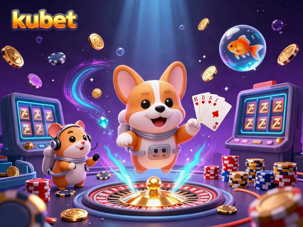 Experience thrilling casino games with kubet in this vibrant cosmic 3D illustration featuring an astronaut corgi.