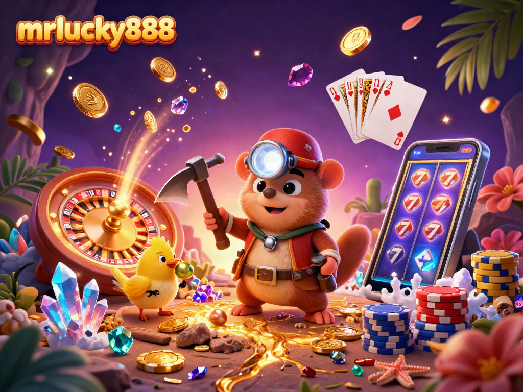 Spin and win at mrlucky888 with a lively 3D scene featuring treasure and casino elements.