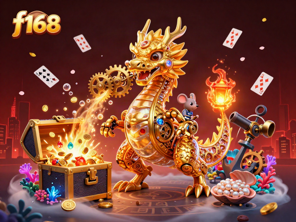 Engage with f168's thrilling casino experience featuring a golden dragon amidst treasures and games.