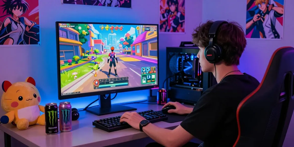 Young adult male engaged in an ecchi simulator game, surrounded by colorful anime graphics and gaming setup.