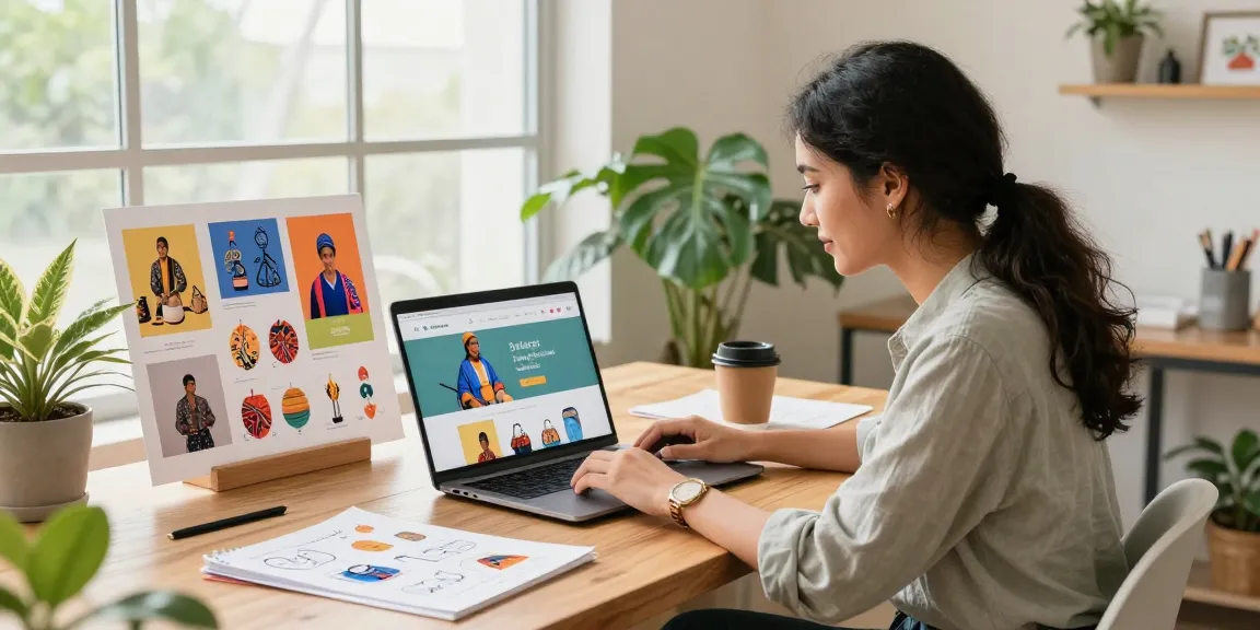 Youthful entrepreneur engaging with the e-commerce website https://www.sukan8a.com/ in a bright workspace filled with colorful product displays.