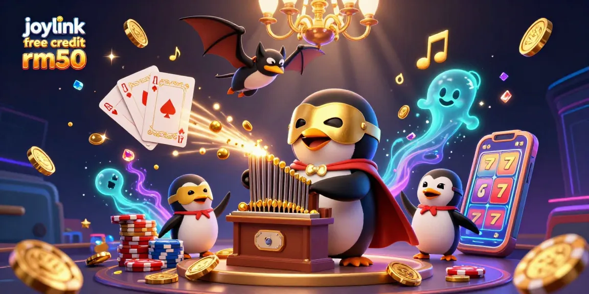 Engage with joylink free credit rm50 as a penguin plays a golden coin organ in a vibrant casino scene.