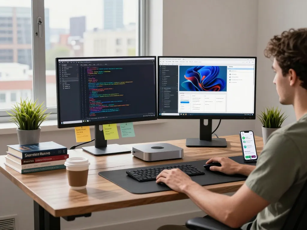 Developer's efficient workspace featuring a Mac mini and multitasking tools for coding.