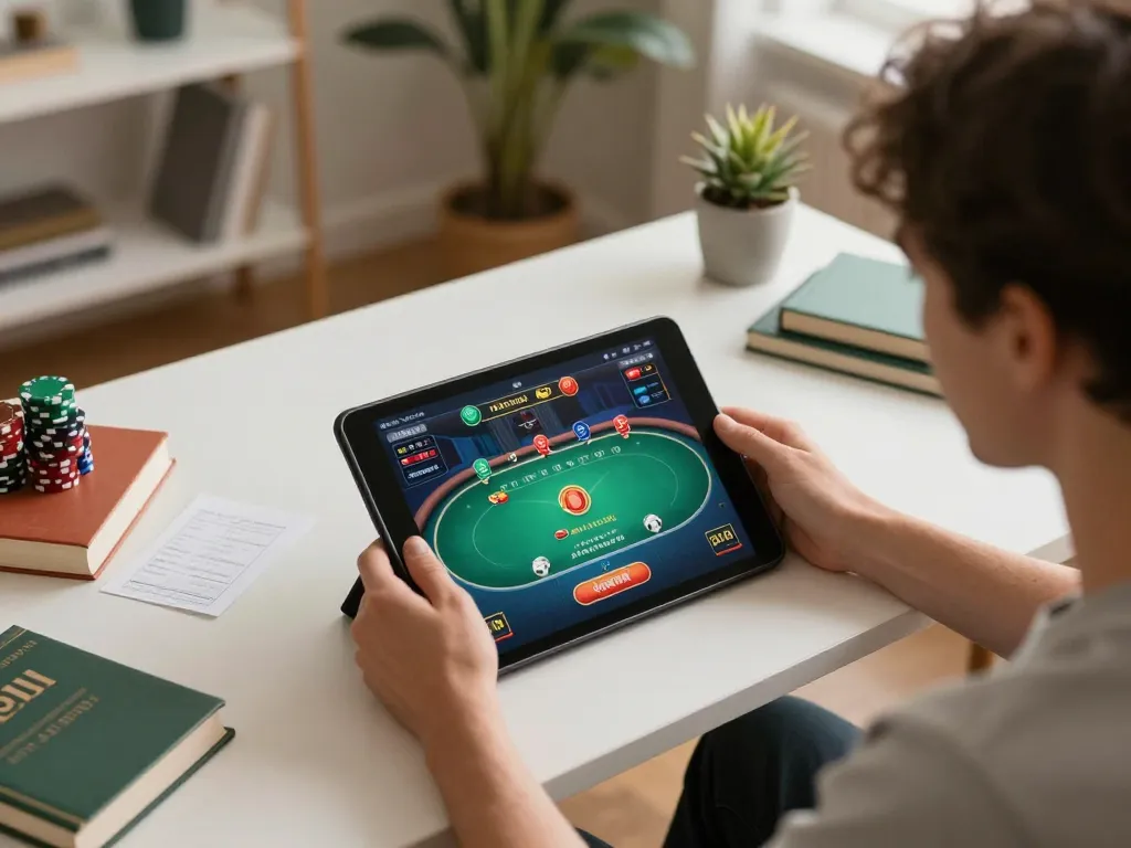Player analyzing strategies on f8betlv tablet during an engaging online poker game.
