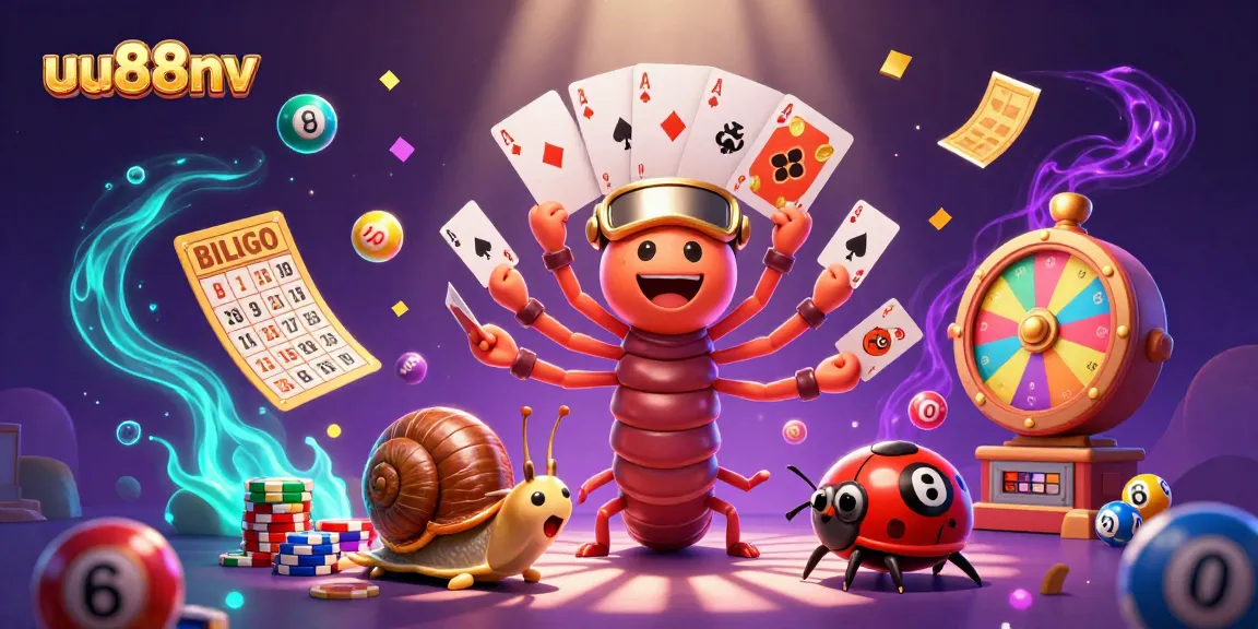 Experience thrilling games at uu88nv with a cartoon millipede dealer, vibrant lottery elements, and excitement.