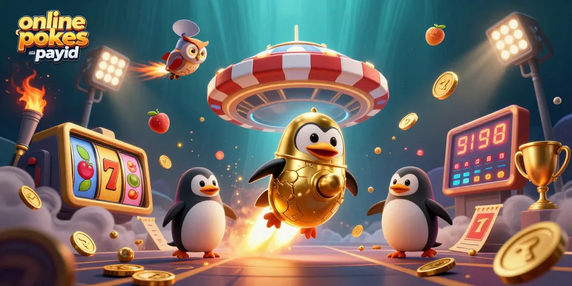Experience the thrill of online pokies Australia PayID with a golden penguin and casino elements.