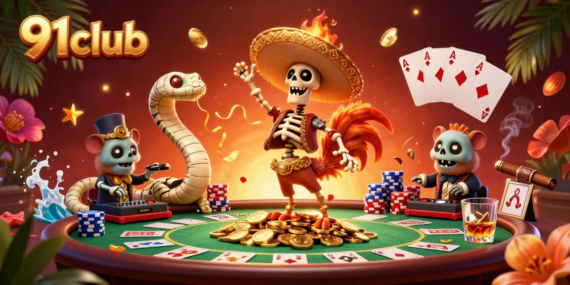 Engage with exciting games at 91club, where a vibrant victory dance features animated characters and poker elements.