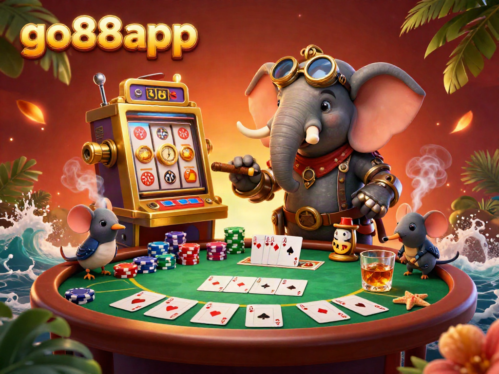 Spin the golden slot machine with go88app as the steampunk elephant engineer orchestrates a vibrant casino scene.