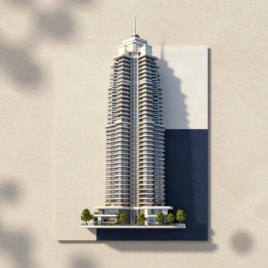 Model menara kondominium Mont Kiara di atas slab batu cerah dengan cahaya lembut atas.