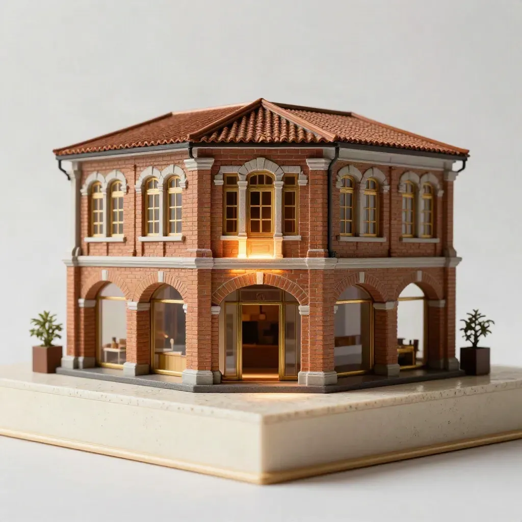 Model deretan rumah kedai Johor Bahru di studio, cahaya hangat dan latar cerah.