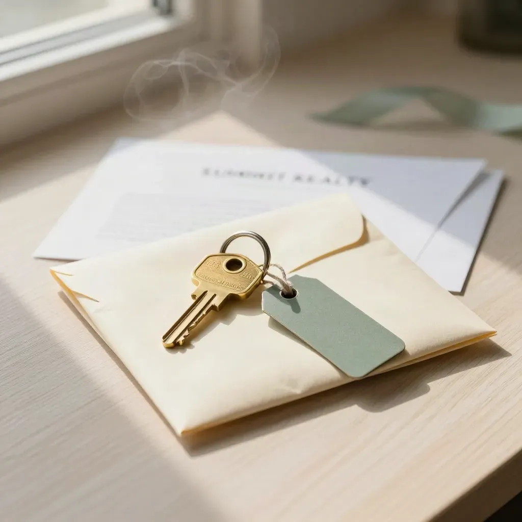 Set sewa tuan rumah dengan cincin kunci gangsa dan sampul tertutup di atas kayu cerah