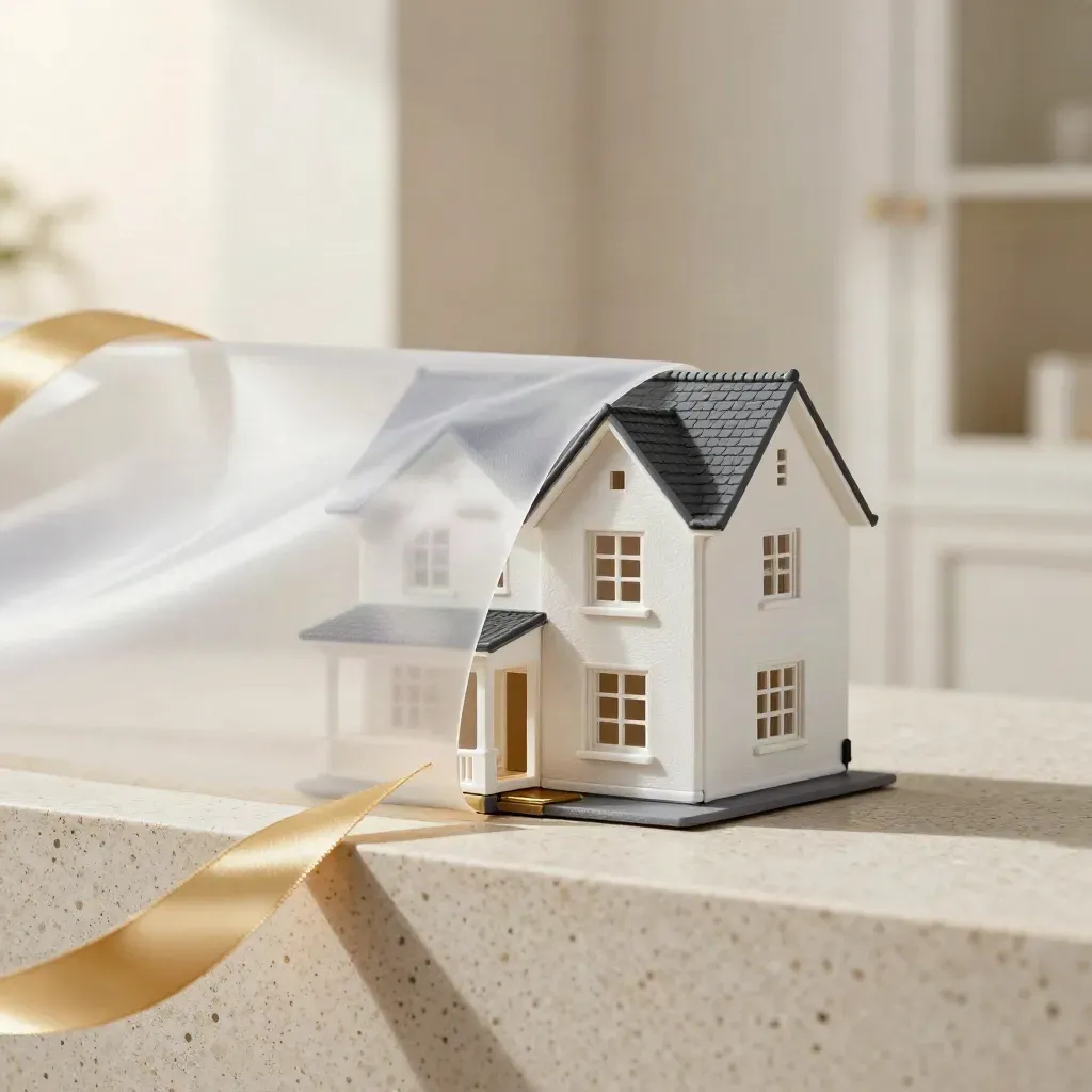 Model rumah mini dengan pita emas dan sarung diselak di ruang pameran cerah.