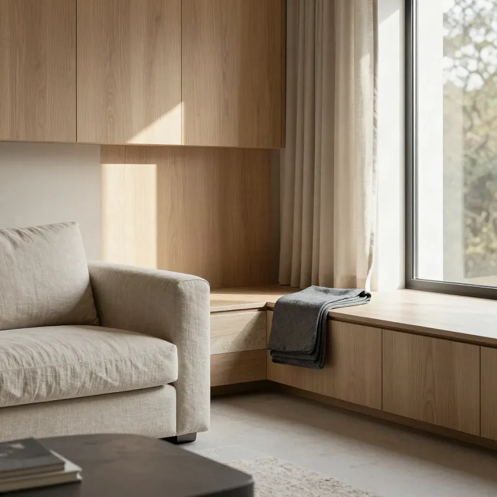 Ruang tamu rumah gaya mewah dengan kayu oak, sofa linen dan cahaya tingkap lembut