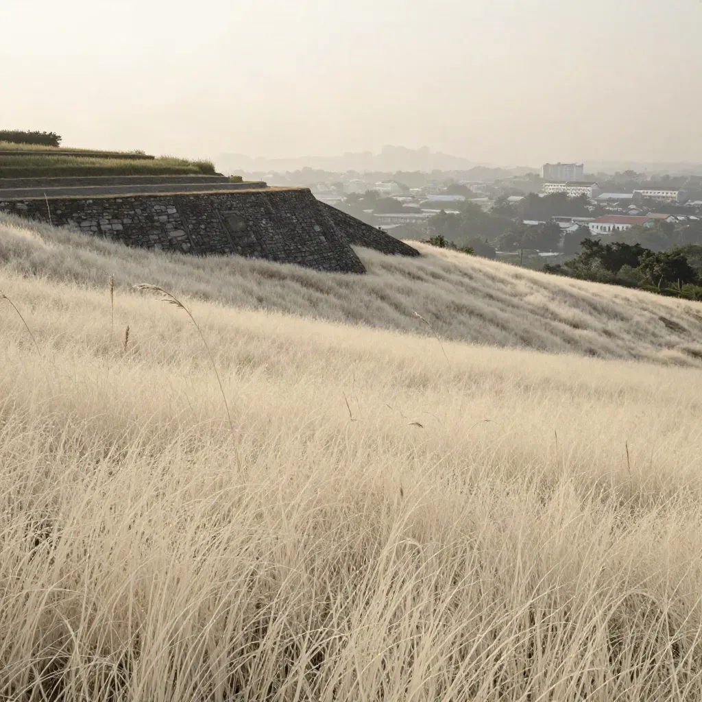 Pemandangan bukit ke bandar berkabus dengan rumput pucat dan cahaya pagi.