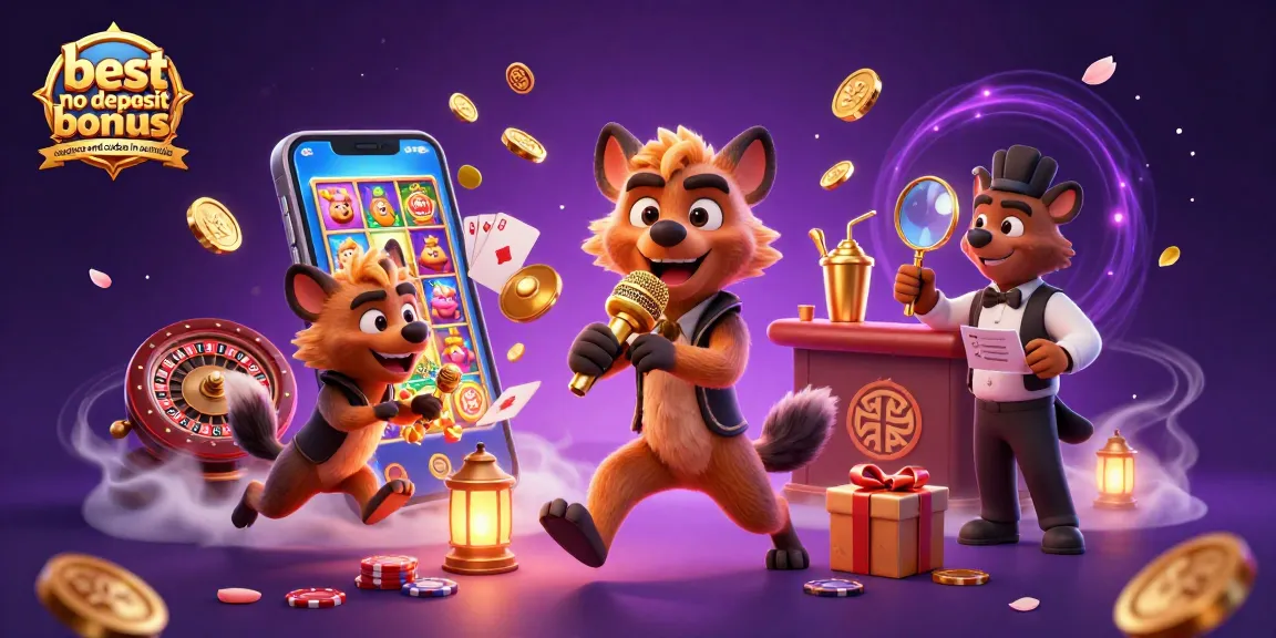 Best no deposit bonus casinos and codes in Australia illustrated by hyenas hosting a comedy casino club.