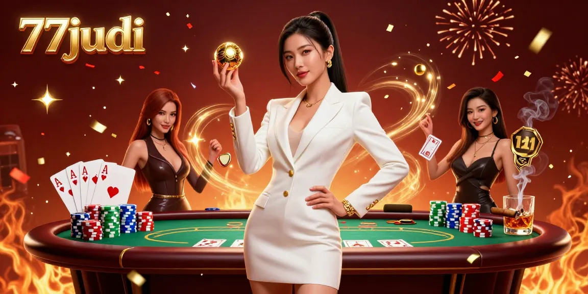 Engage with 77judi's exhilarating gambling experience featuring an Asian woman, roulette ball, and poker elements.