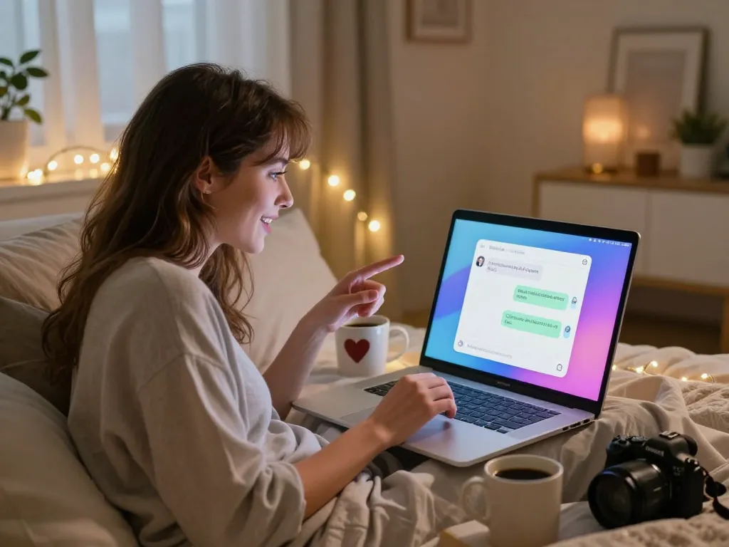 Engaging in ai sex chat with a personalized AI chatbot in a cozy bedroom setting.