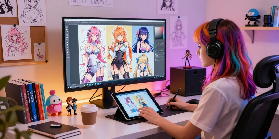 Creating AI ecchi artwork in a vibrant digital art studio with character designs on screen.