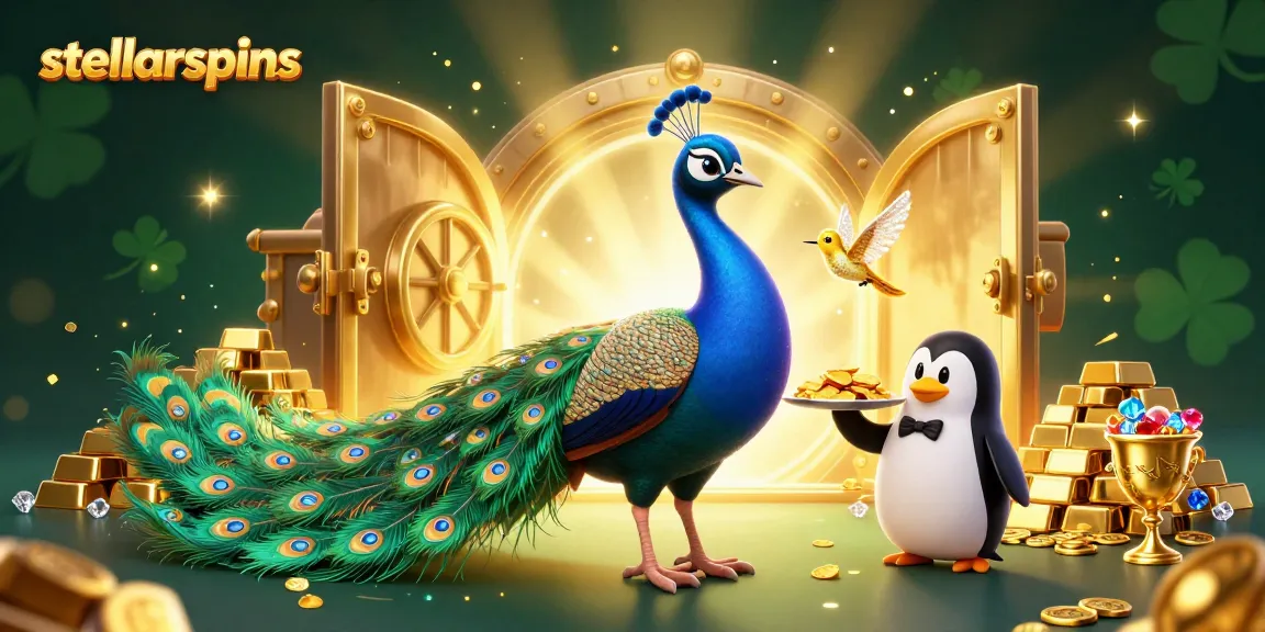 Engage with stellarspins through vibrant 3D casino illustration featuring gem-encrusted characters and treasures.