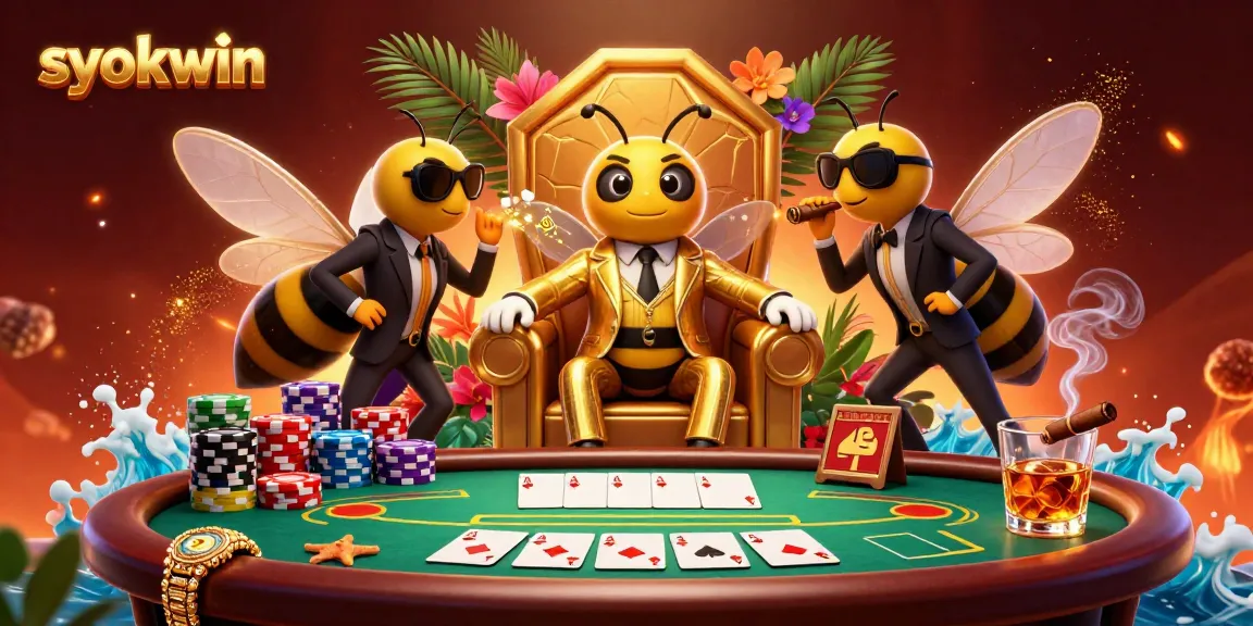 Engage in high-stakes poker at syokwin with a charismatic bumblebee mob boss in a vibrant casino scene.