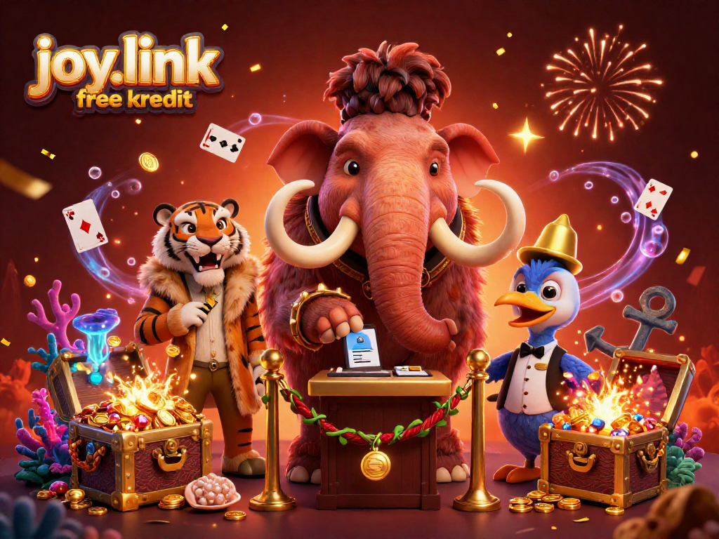 Experience the thrill of joy.link free kredit with a dynamic casino scene featuring a mammoth bouncer and treasure-filled background.