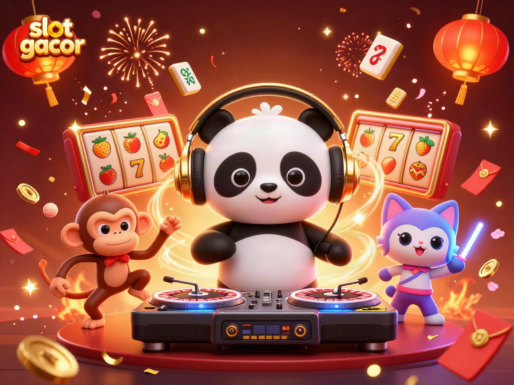 Experience the vibrant world of slot gacor with playful characters in a dynamic, festive scene.