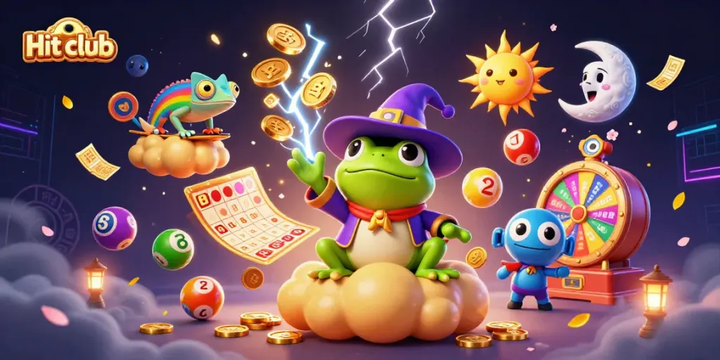 Experience winning moments with Hit club featuring vibrant lottery action and a whimsical casino theme.