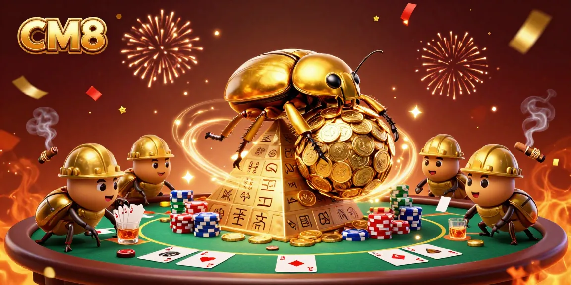 Spin and win at CM8 with golden beetles rolling coins and vibrant poker action.