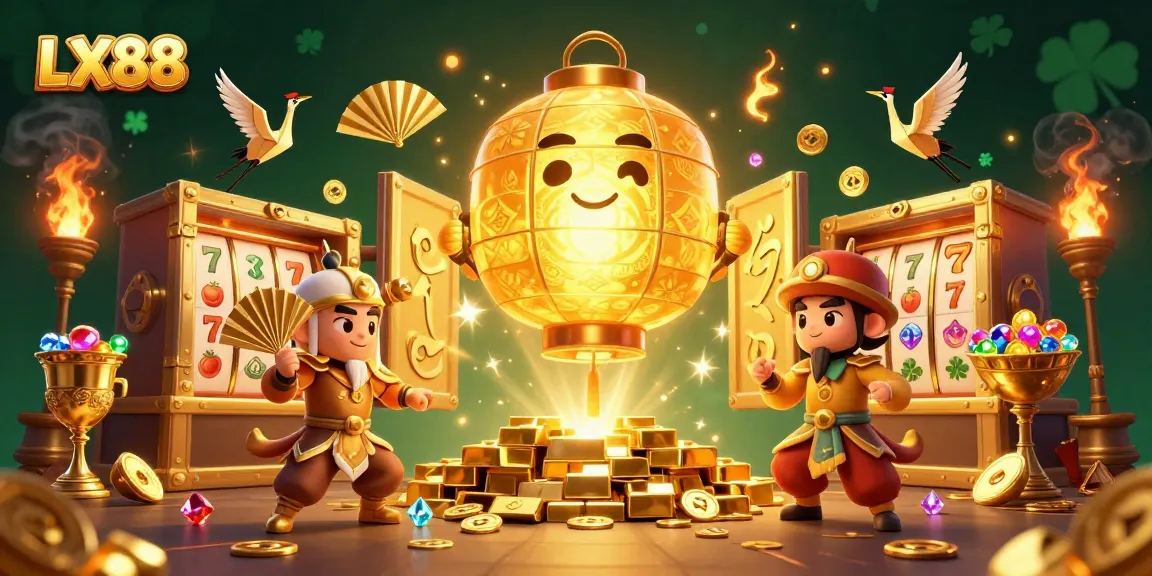 Play exciting casino games at LX88 with vibrant lucky symbols and treasure-filled backgrounds.