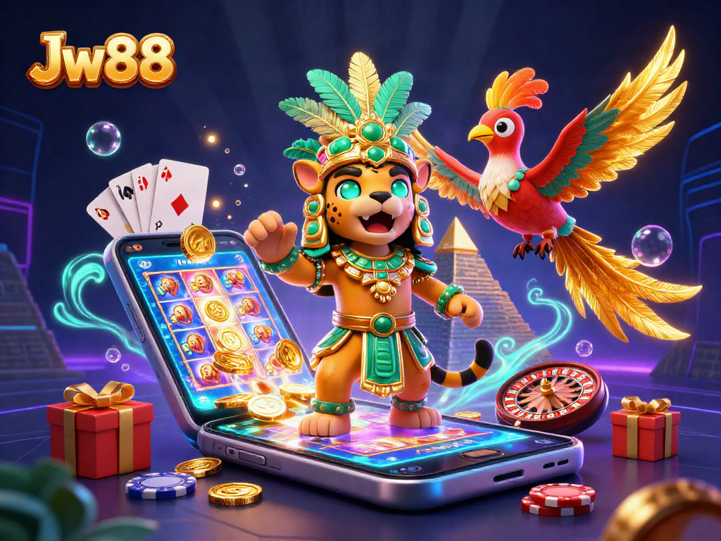 Spin to win with Jw88's vibrant casino gaming adventure featuring exciting characters!