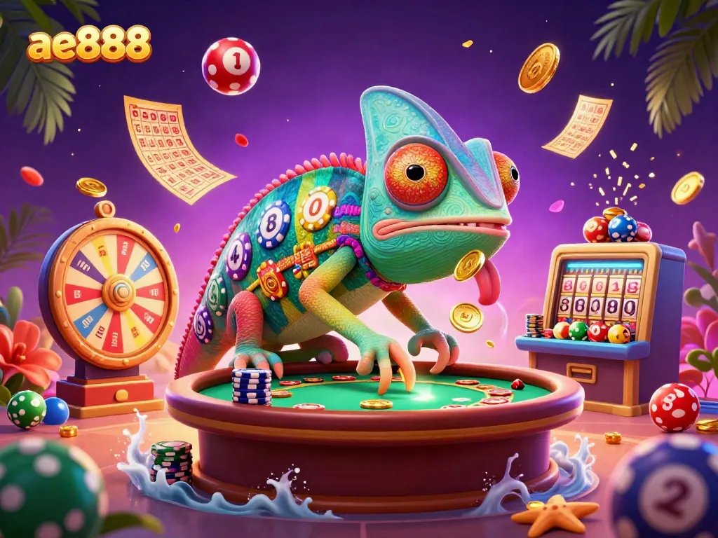 Catch the vibrant casino excitement with ae888's colorful chameleon owner amidst dynamic gaming elements.
