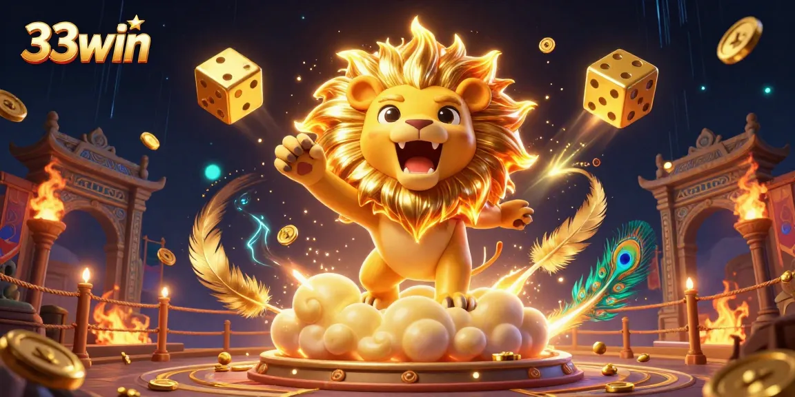 33win offers dynamic gaming experiences with a roaring sun lion, golden dice, and vibrant casino elements.